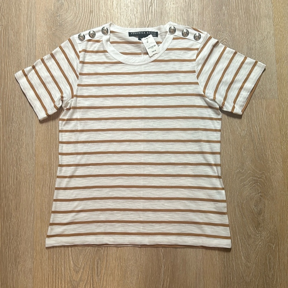 NWT Veronica Beard Striped Crew Neck Tee w/ Large Embellishment Buttons